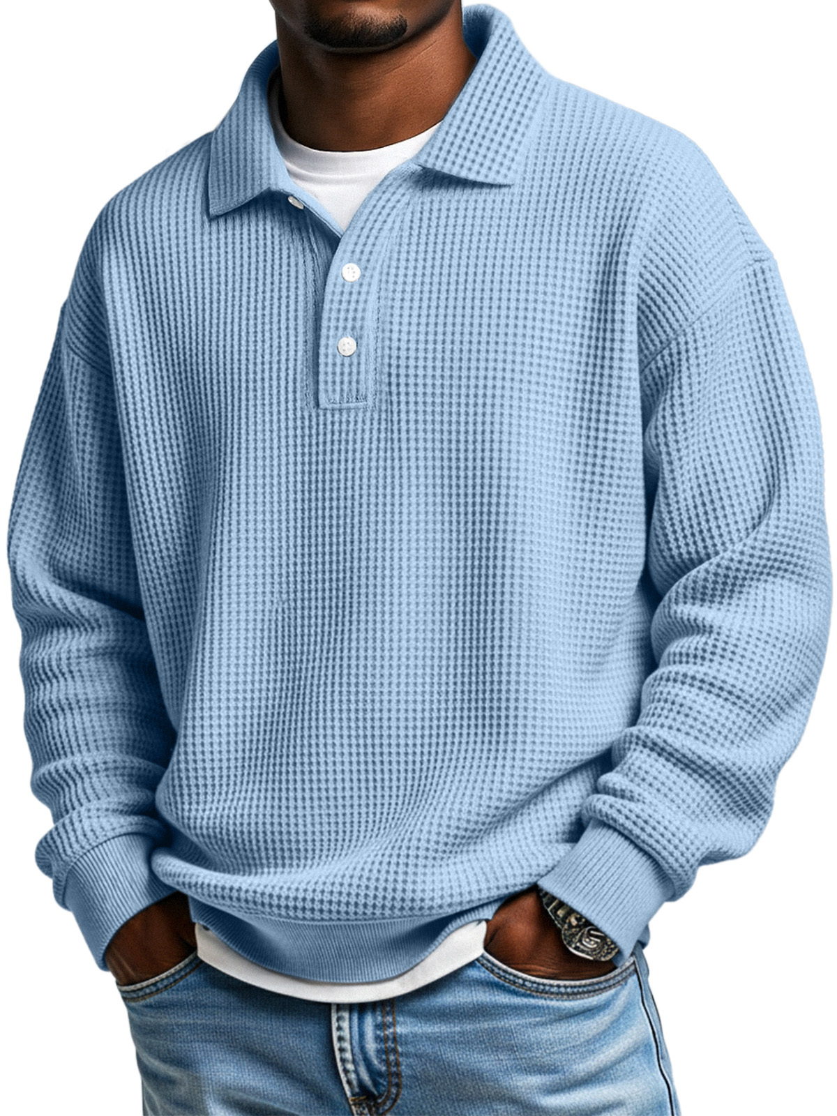 Men's Daily Loose Simple Waffle Lapel Button Long Sleeve POLO Shirt