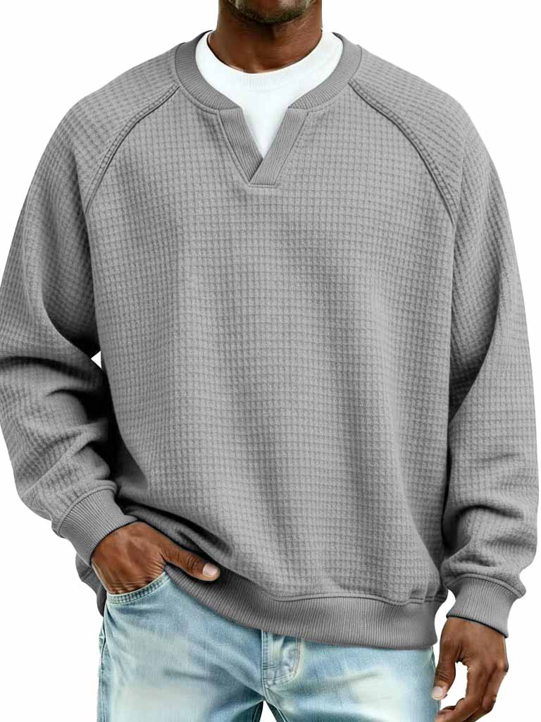 Men's Fashion Waffle Fabric Raglan V-Neck Faux Two-Piece Long-Sleeve T-Shirt