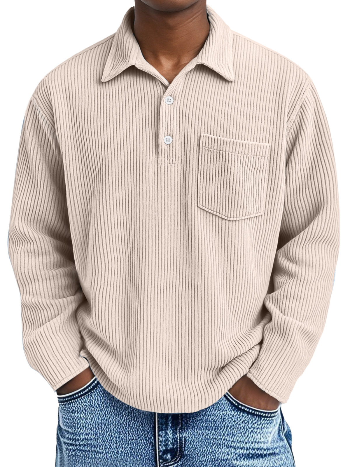 Men's Simple Solid Color Pit Lapel Button Long Sleeve POLO Shirt