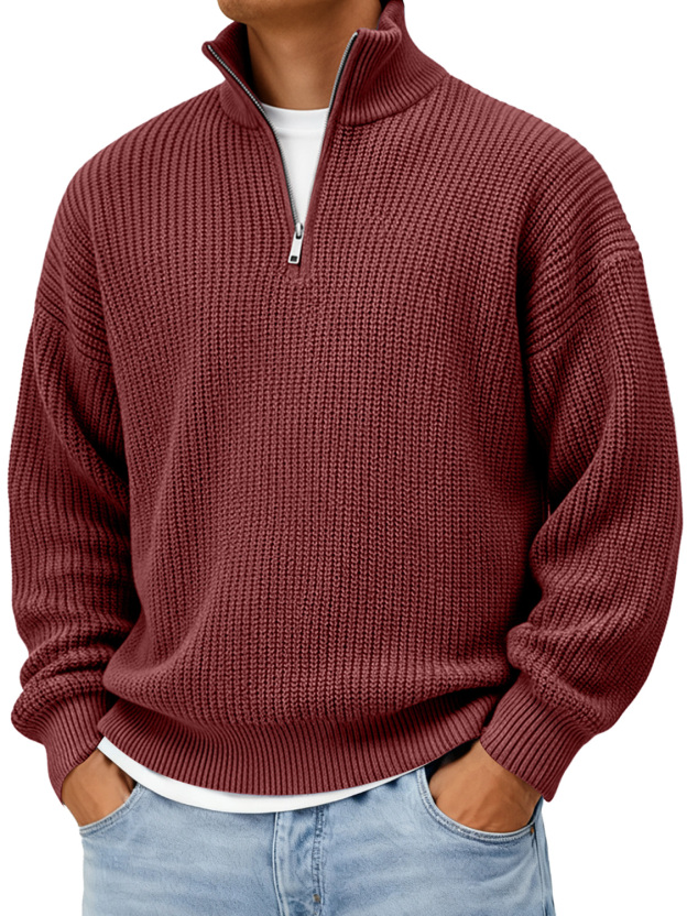 Men's Loose Stand-up Collar Zip-up Knit Solid Color Sweater