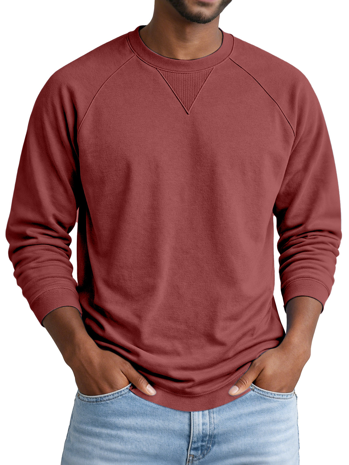 Men's Solid Color Casual Design Raglan Sleeve Crew Neck Long-sleeved T-shirt