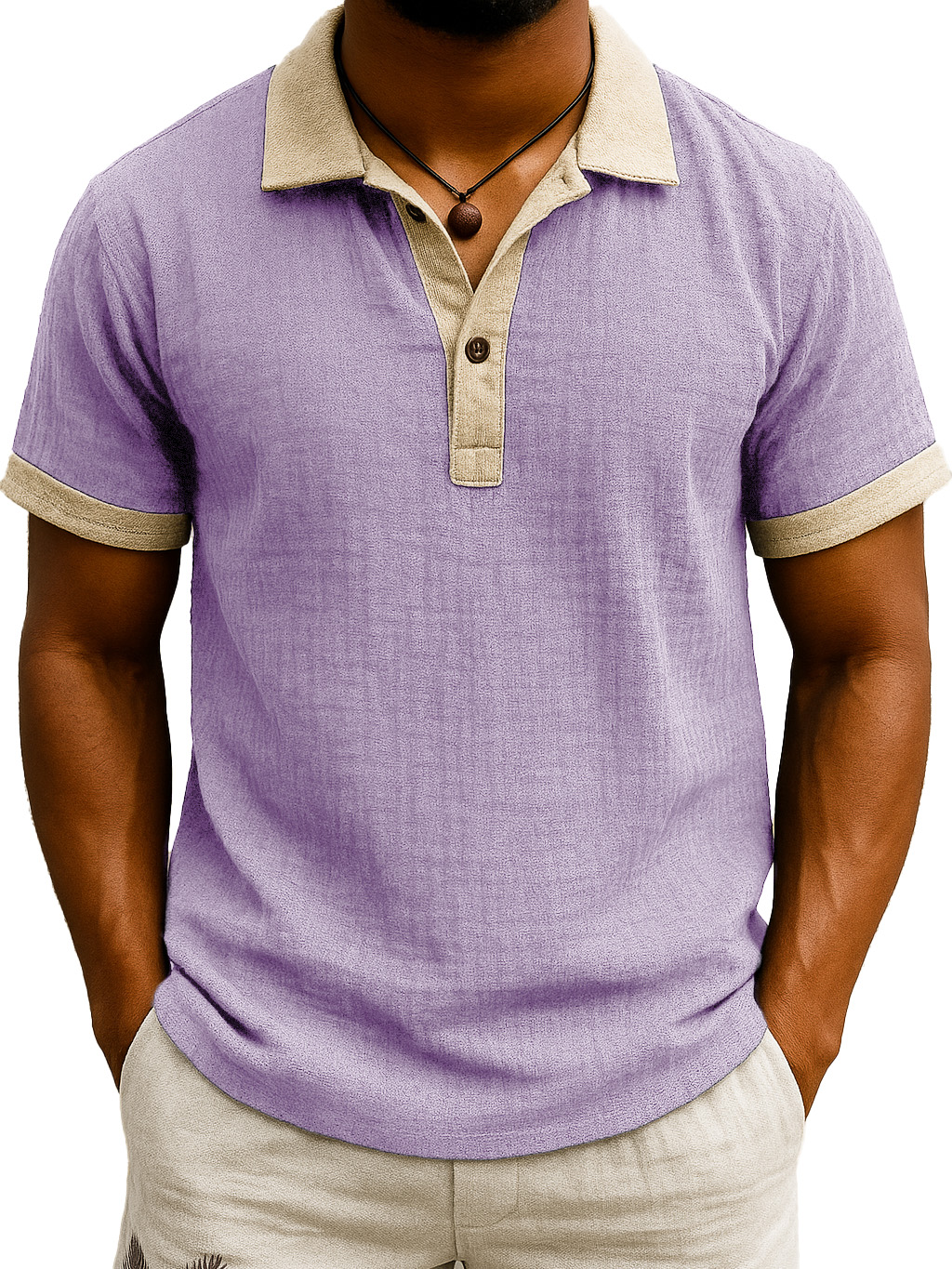  Men's Fashion Retro Hemp Fabric Patchwork Contrast Color Short-sleeved Polo Shirt 