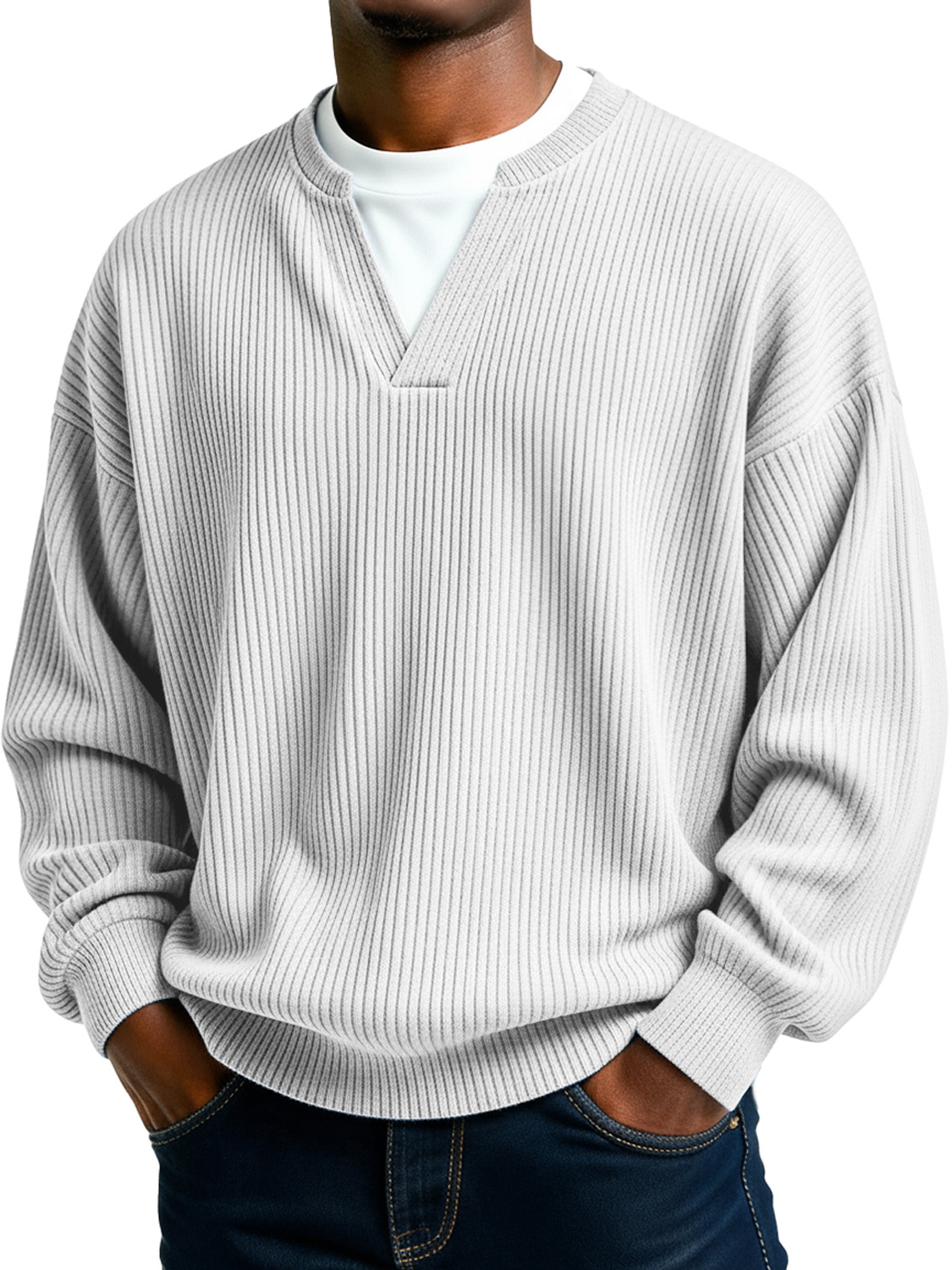 Men's Simple Ribbed V-Neck Faux Two-Piece Casual Long-Sleeve T-Shirt