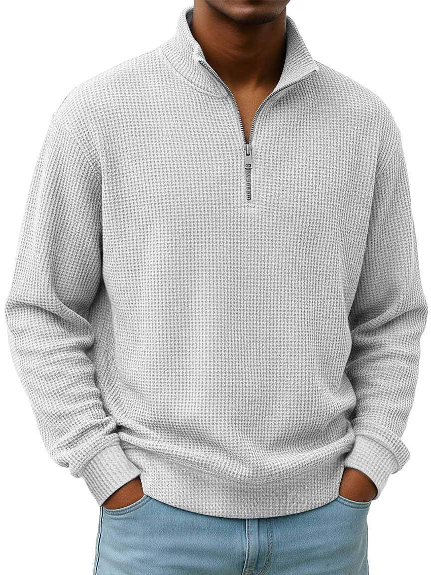 Simple Everyday Waffle Stand-up Collar Zipper Casual Long-sleeved T-shirt