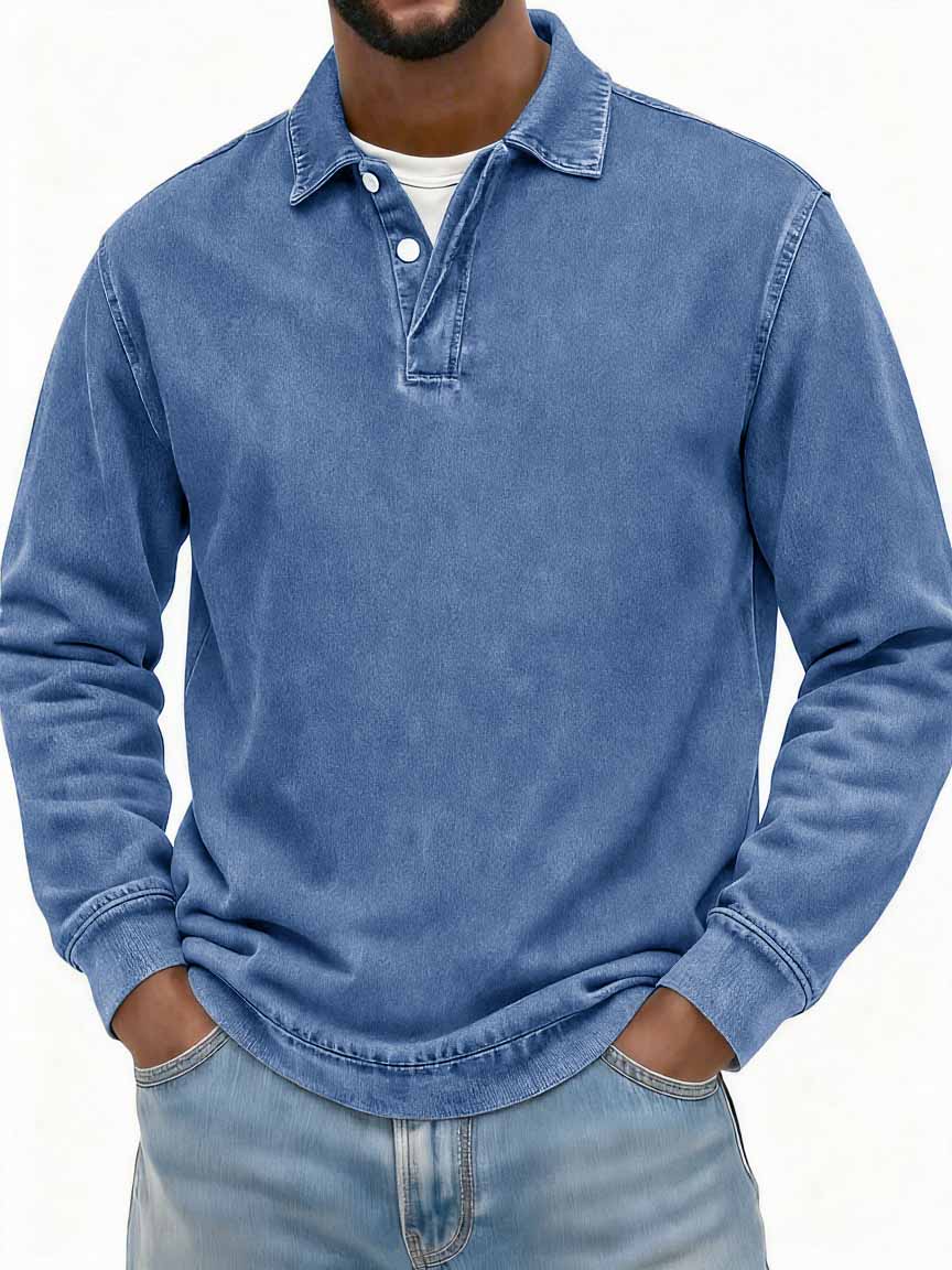 Men's Stylish Vintage Washed And Distressed Fabric Long-sleeved Polo Shirt With A Double-layer Placket And A Design Lapel 