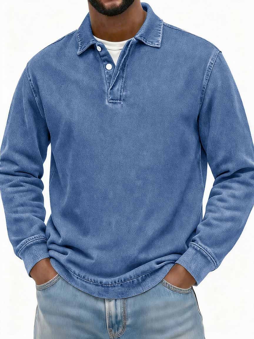 Men's Stylish Vintage Washed And Distressed Fabric Long-sleeved Polo Shirt With A Double-layer Placket And A Design Lapel 