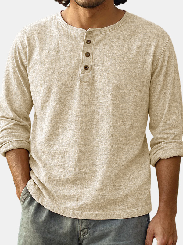  Men's Fashion Casual Limna Fabric Long-sleeved Henley Shirt