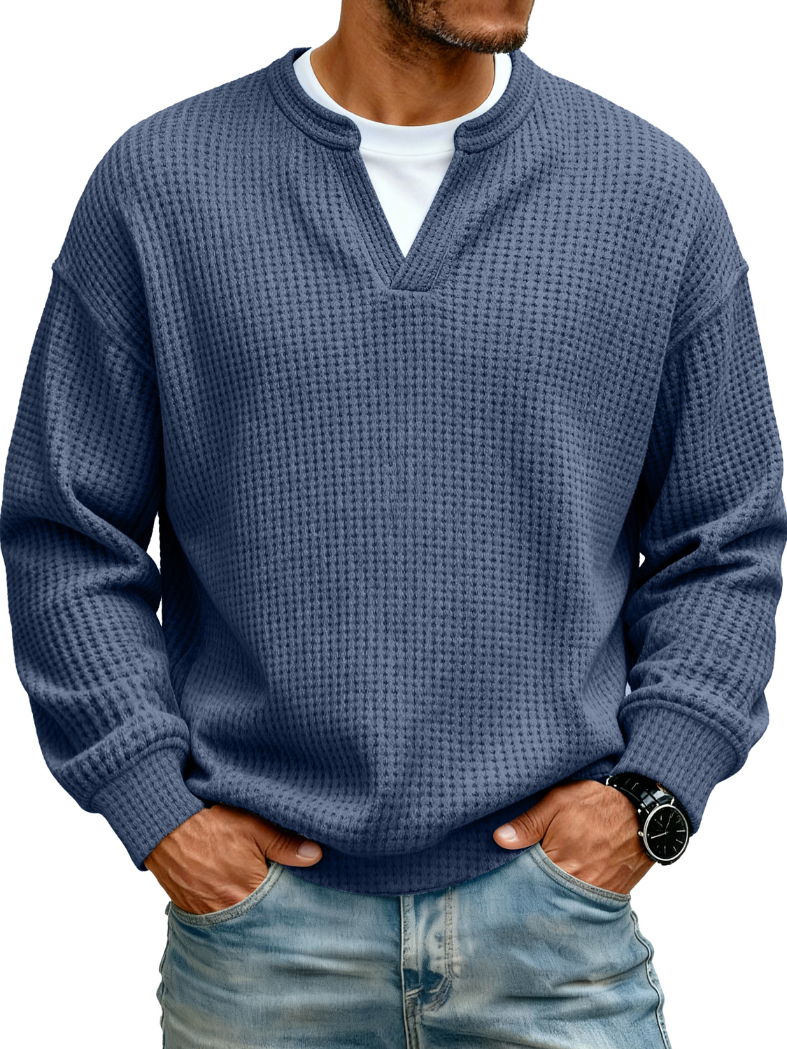Men's Simple Waffle V-neck Fake Two-piece Casual Long-sleeved T-shirt