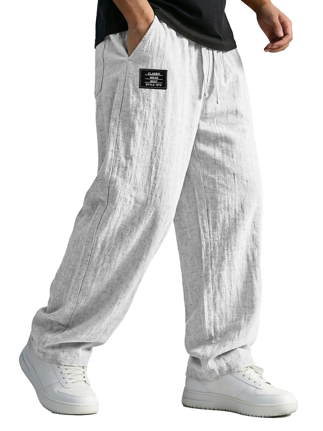 Men's Simple Cotton And Linen Trousers With Embroidered Logo, Casual And Comfortable