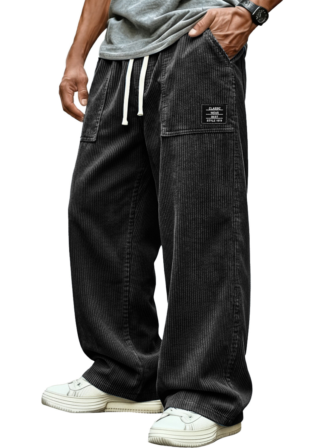 Men's Retro Corduroy Patch Pocket Embroidered Logo Casual Cargo Pants