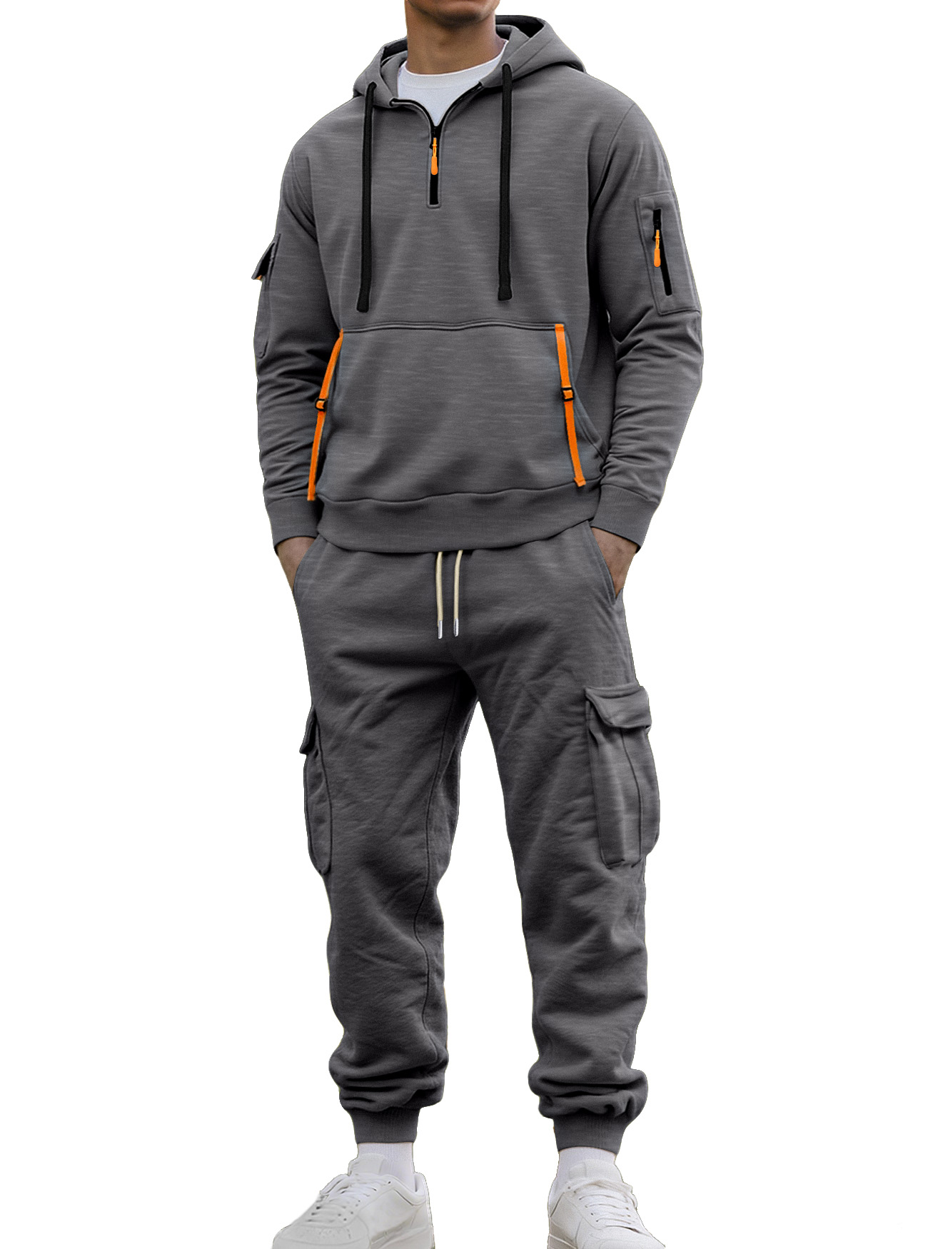Autumn And Winter Men's Fleece Zipper Sweatshirt Fashionable Hoodie Multi-pocket Overalls Suit