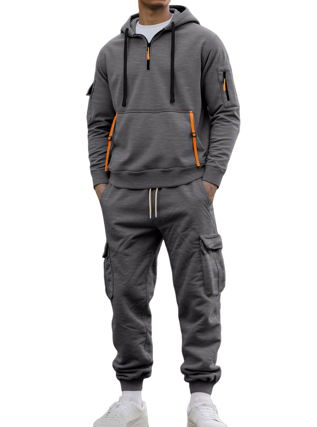 Autumn And Winter Men's Fleece Zipper Sweatshirt Fashionable Hoodie Multi-pocket Overalls Suit