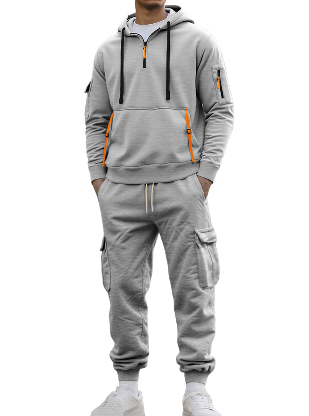 Autumn And Winter Men's Fleece Zipper Sweatshirt Fashionable Hoodie Multi-pocket Overalls Suit