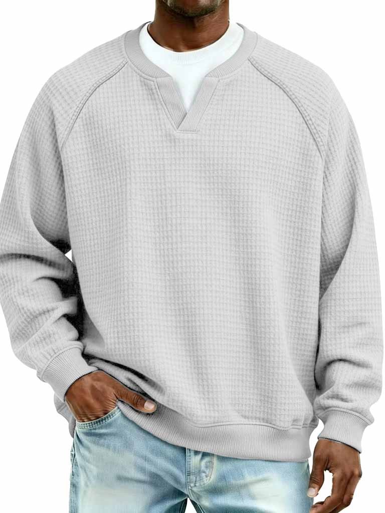 Men's Fashion Waffle Fabric Raglan V-Neck Faux Two-Piece Long-Sleeve T-Shirt