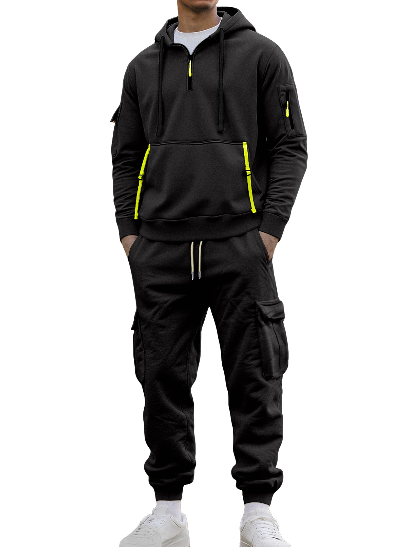 Autumn And Winter Men's Fleece Zipper Sweatshirt Fashionable Hoodie Multi-pocket Overalls Suit