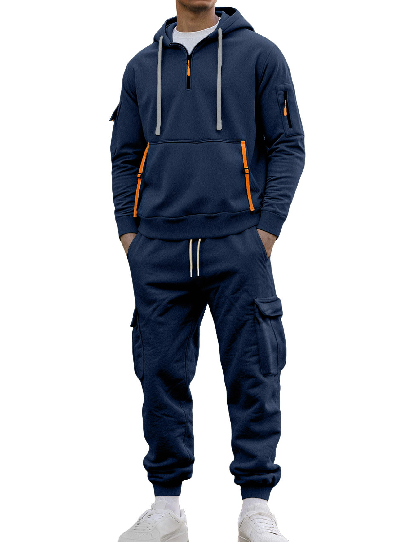 Autumn And Winter Men's Fleece Zipper Sweatshirt Fashionable Hoodie Multi-pocket Overalls Suit