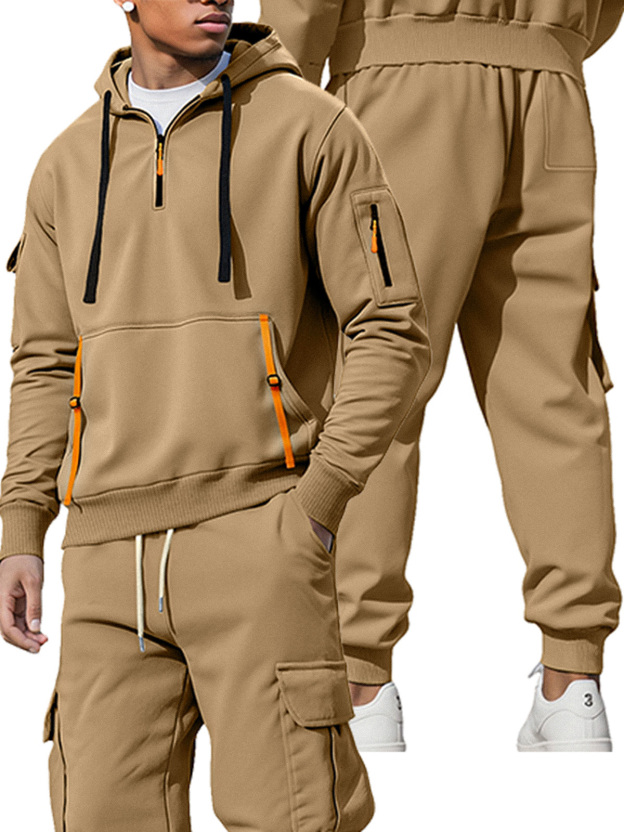 Autumn And Winter Men's Fleece Zipper Sweatshirt Fashionable Hoodie Multi-pocket Overalls Suit