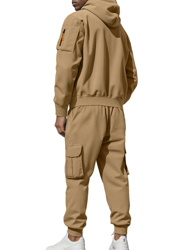 Autumn And Winter Men's Fleece Zipper Sweatshirt Fashionable Hoodie Multi-pocket Overalls Suit