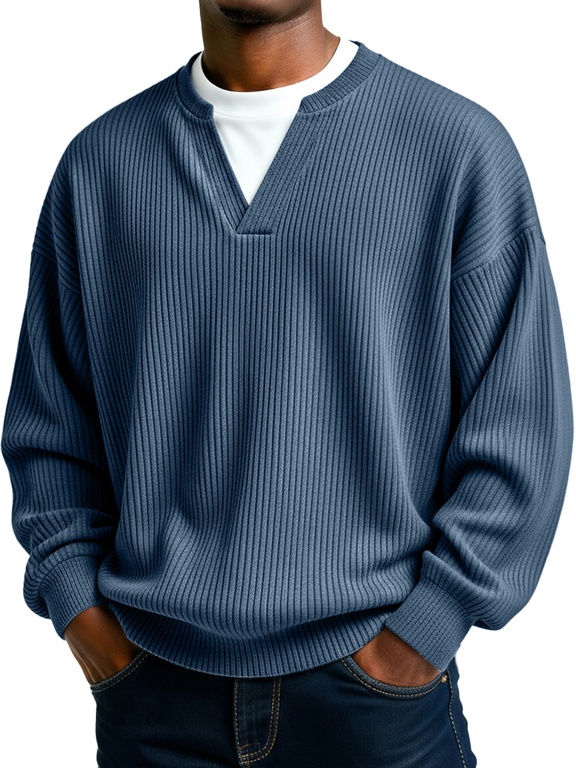 Men's Simple Ribbed V-Neck Faux Two-Piece Casual Long-Sleeve T-Shirt
