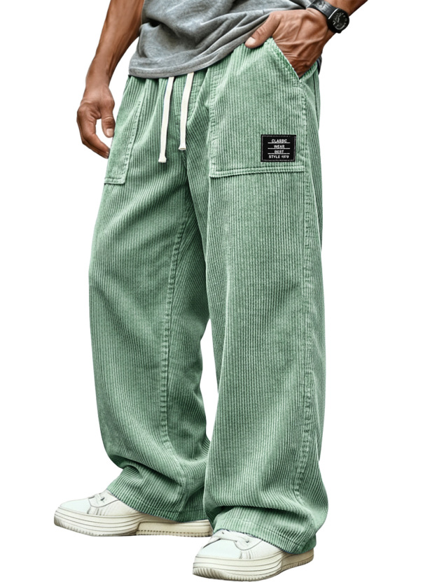 Men's Retro Corduroy Patch Pocket Embroidered Logo Casual Cargo Pants