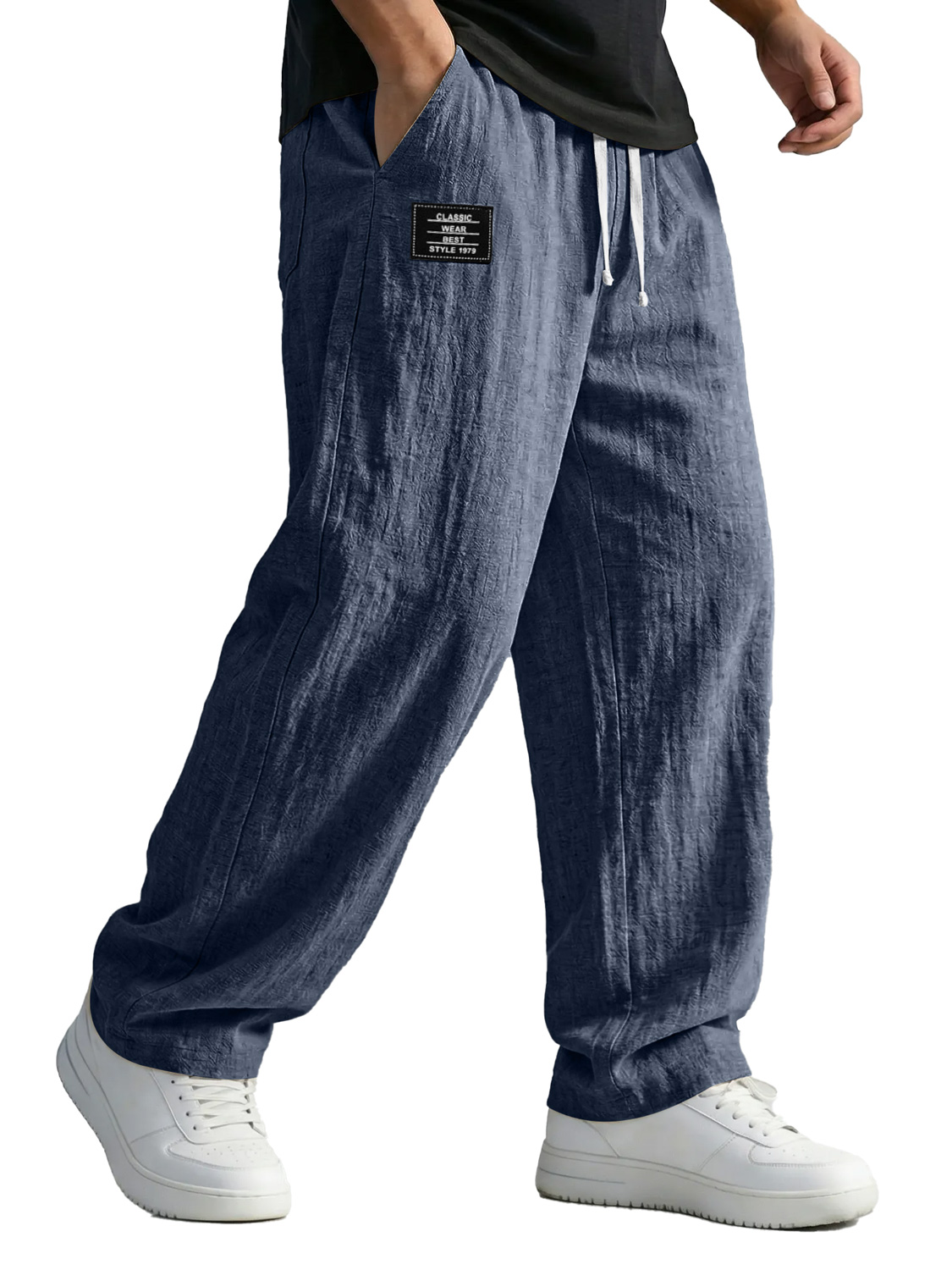 Men's Simple Cotton And Linen Trousers With Embroidered Logo, Casual And Comfortable