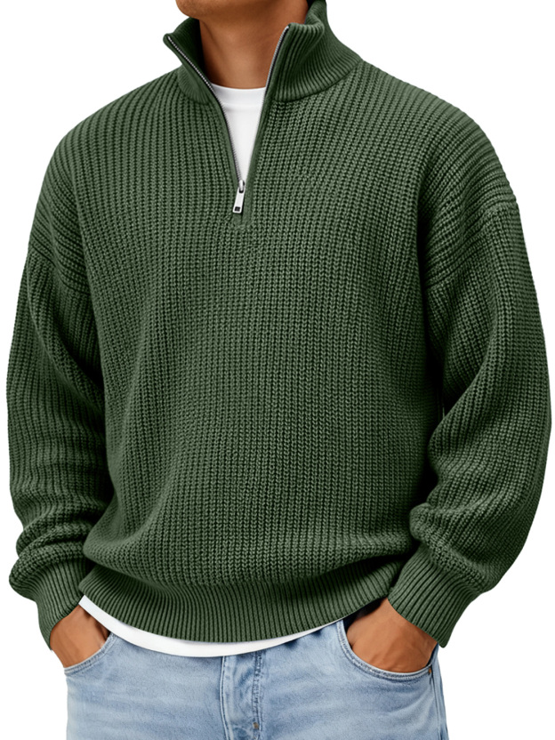 Men's Loose Stand-up Collar Zip-up Knit Solid Color Sweater