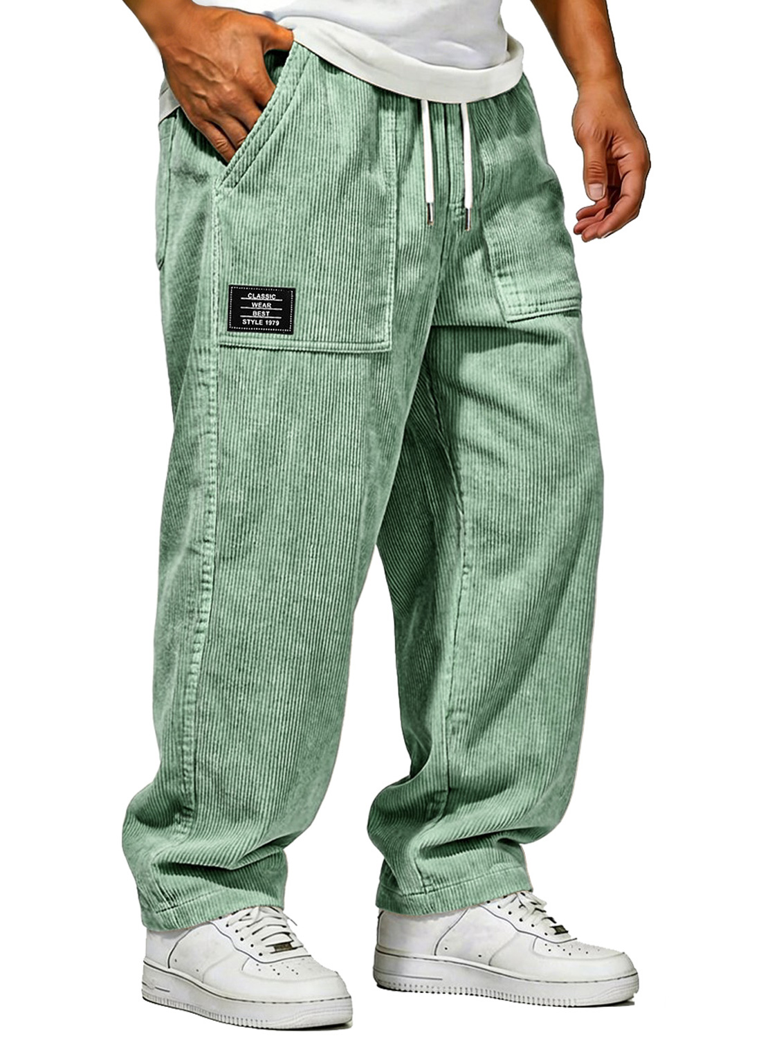 Men's Vintage Corduroy Trousers With Patch Pockets And Embroidered Logo