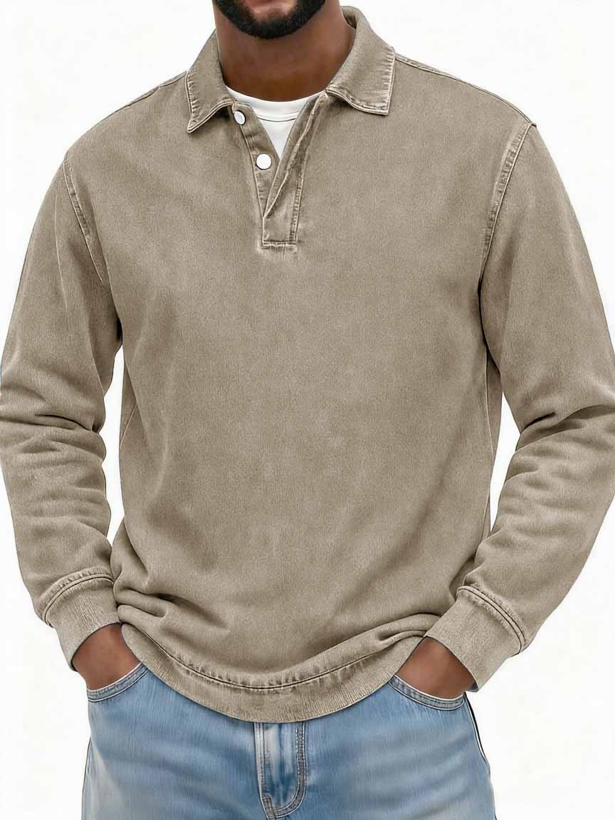 Men's Stylish Vintage Washed And Distressed Fabric Long-sleeved Polo Shirt With A Double-layer Placket And A Design Lapel 