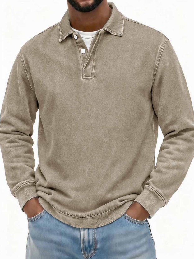 Men's Stylish Vintage Washed And Distressed Fabric Long-sleeved Polo Shirt With A Double-layer Placket And A Design Lapel 