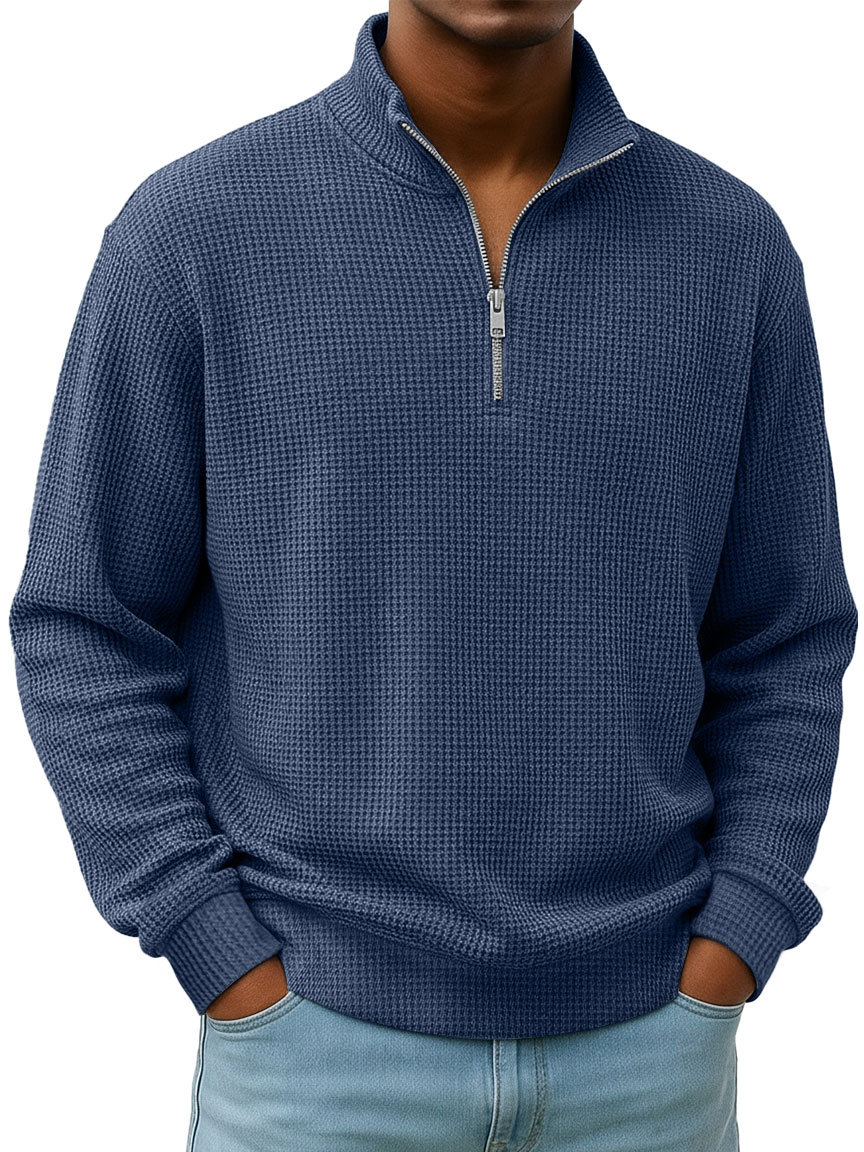 Simple Everyday Waffle Stand-up Collar Zipper Casual Long-sleeved T-shirt