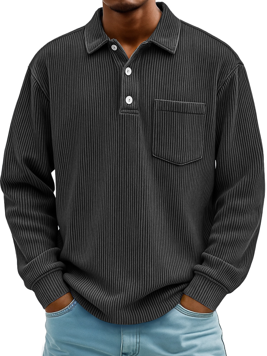 Men's Daily Ribbed Lapel Button-down Casual Pocket Long-sleeved Polo Shirt