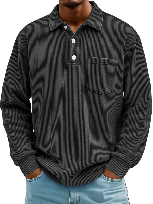 Men's Daily Ribbed Lapel Button-down Casual Pocket Long-sleeved Polo Shirt