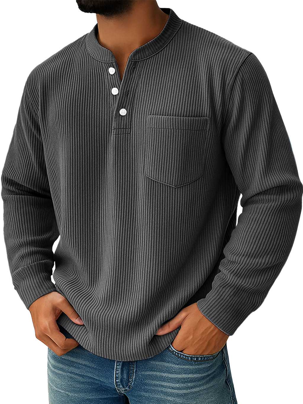 Men's Simple Everyday Ribbed Stand Collar Pocket Casual Long Sleeve Henley Shirt
