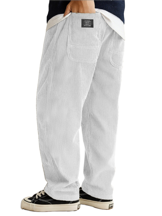 Men's Stylish Everyday Corduroy Ribbed Fabric Pants With Loose-fitting Drawstring Waist And Embroidered Logo