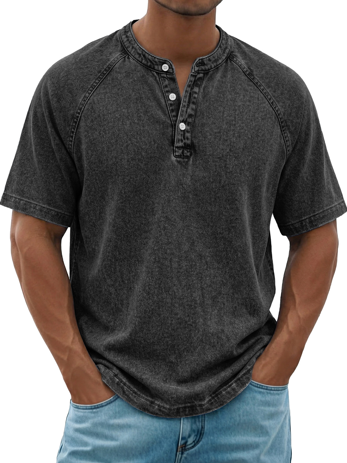 Men's Retro Raglan Casual Short-Sleeve Henley Shirt