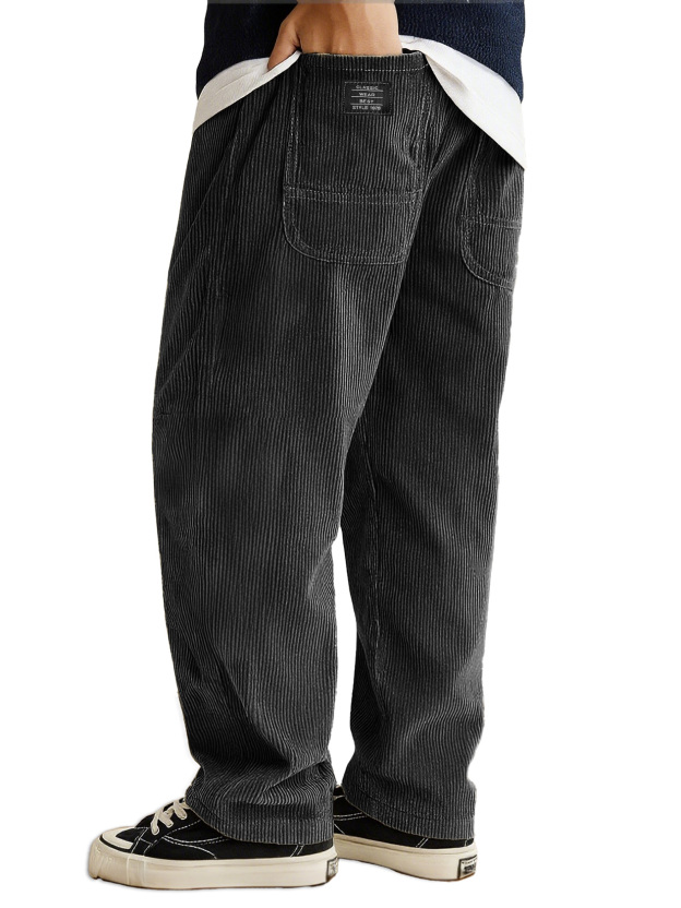 Men's Stylish Everyday Corduroy Ribbed Fabric Pants With Loose-fitting Drawstring Waist And Embroidered Logo