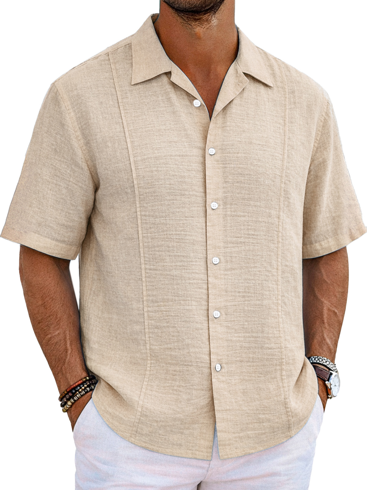 Men's resort casual cotton and linen deconstructed design Cuban collar short-sleeved shirt
