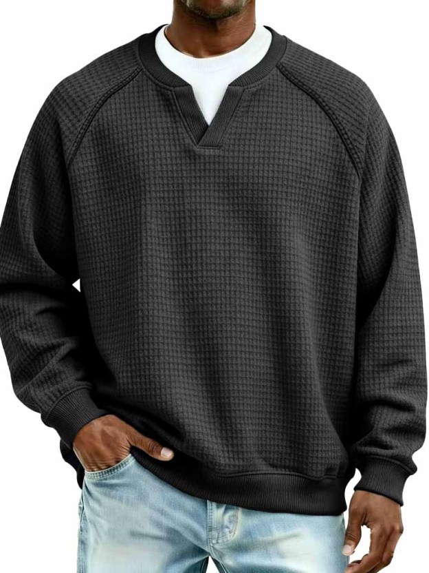 Men's Fashion Waffle Fabric Raglan V-Neck Faux Two-Piece Long-Sleeve T-Shirt