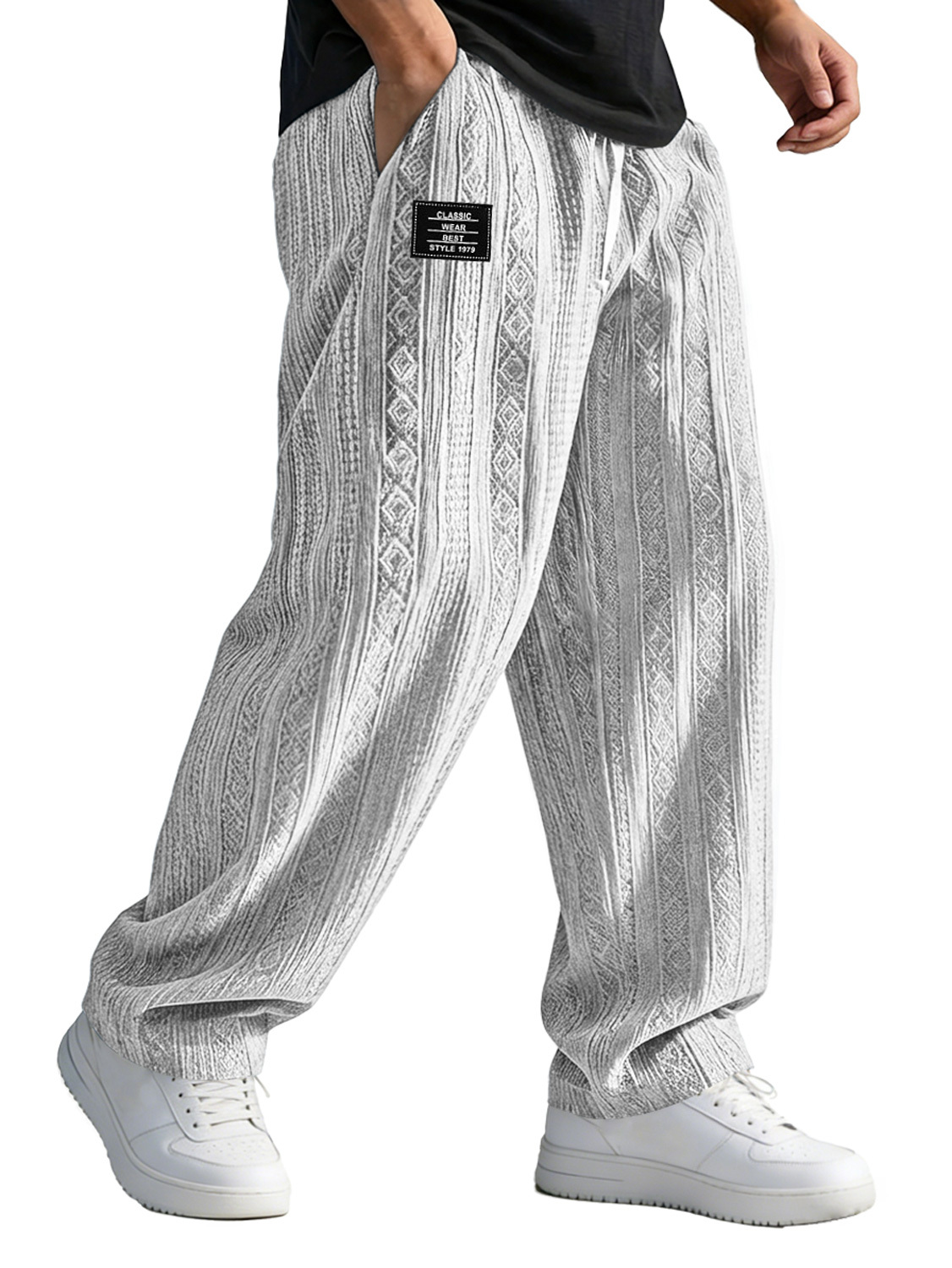 Men's Casual Jacquard Elastic Waist Loose-fitting Trousers With Embroidered Logo