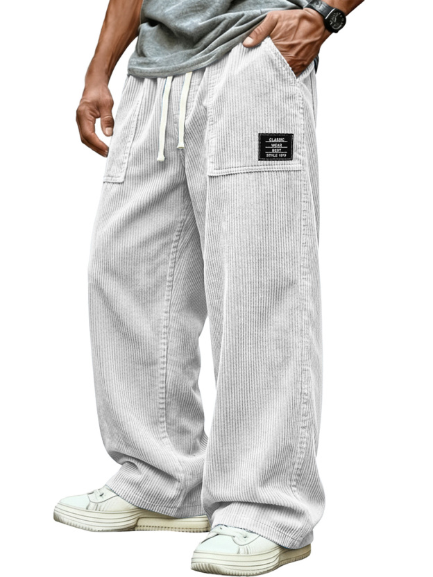 Men's Retro Corduroy Patch Pocket Embroidered Logo Casual Cargo Pants