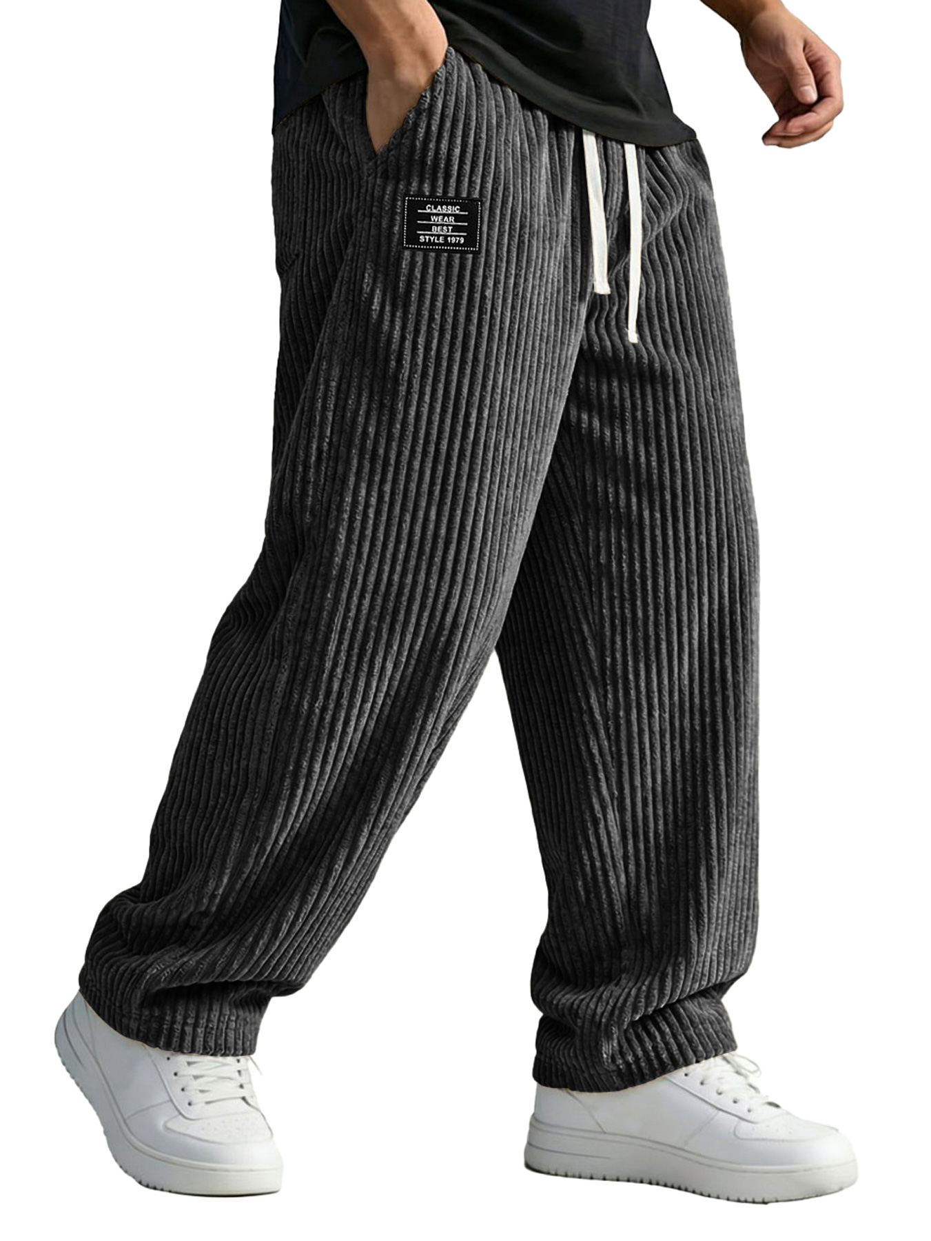 Men's Corduroy Casual Trousers With Embroidered Logo And Elastic Waistband