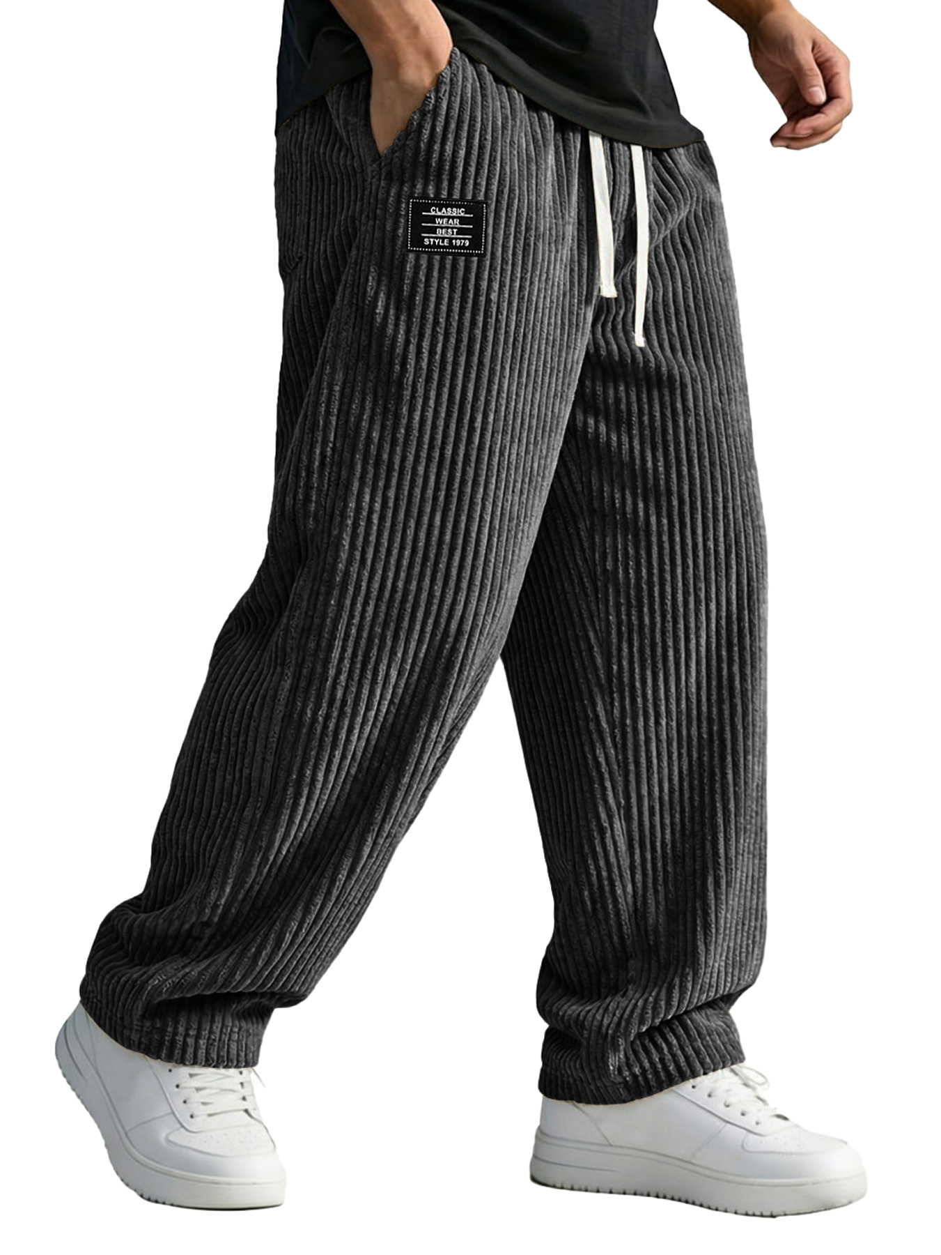 Men's Corduroy Casual Trousers With Embroidered Logo And Elastic Waistband