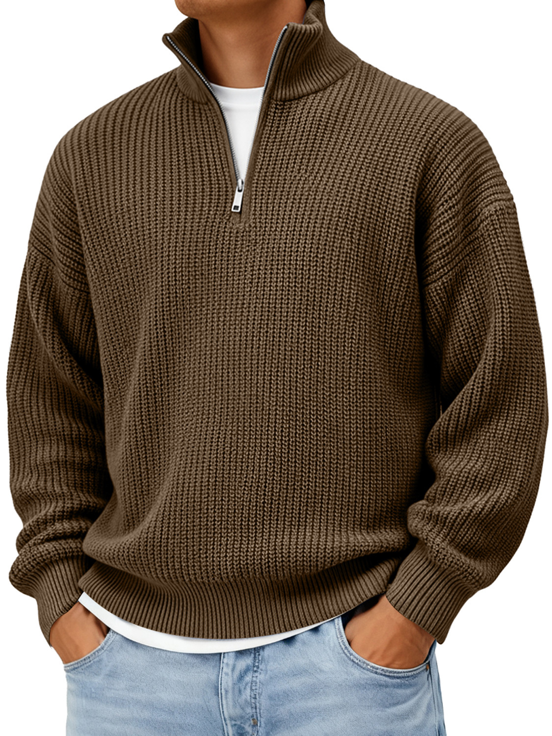 Men's Loose Stand-up Collar Zip-up Knit Solid Color Sweater
