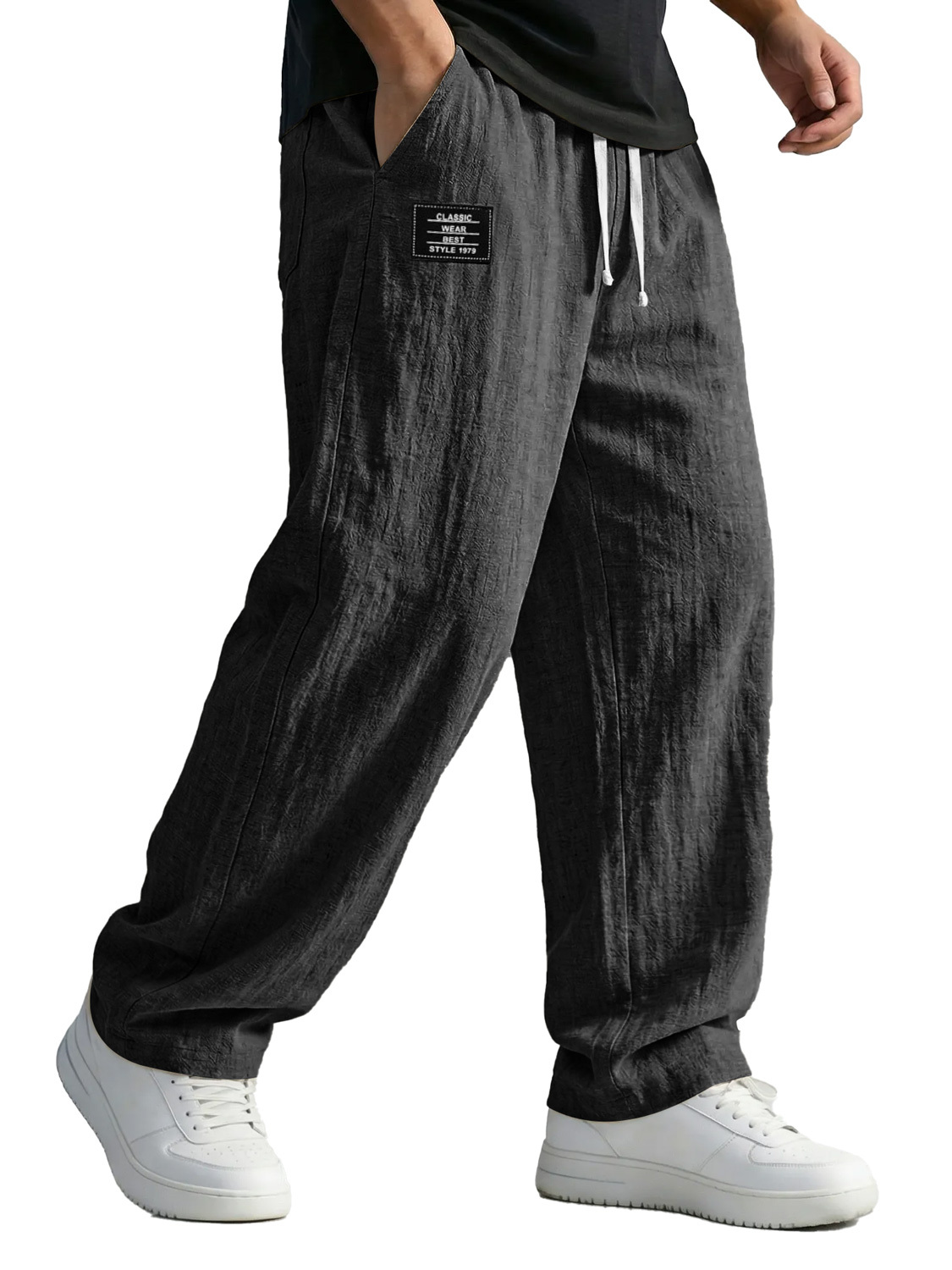 Men's Simple Cotton And Linen Trousers With Embroidered Logo, Casual And Comfortable