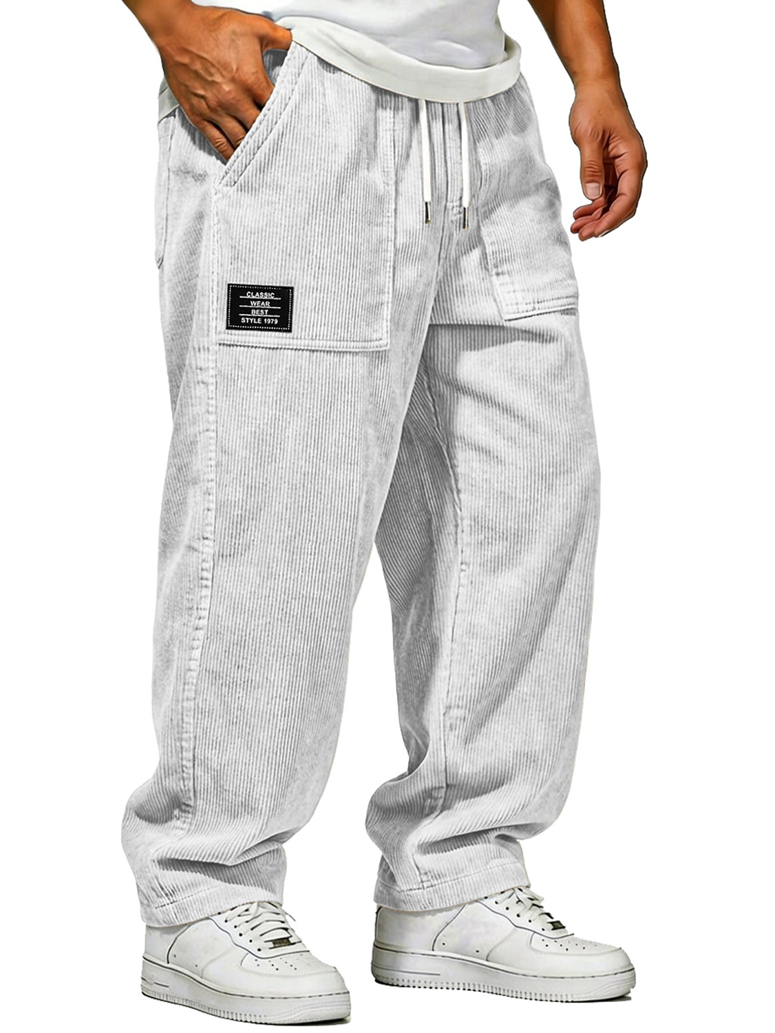 Men's Vintage Corduroy Trousers With Patch Pockets And Embroidered Logo