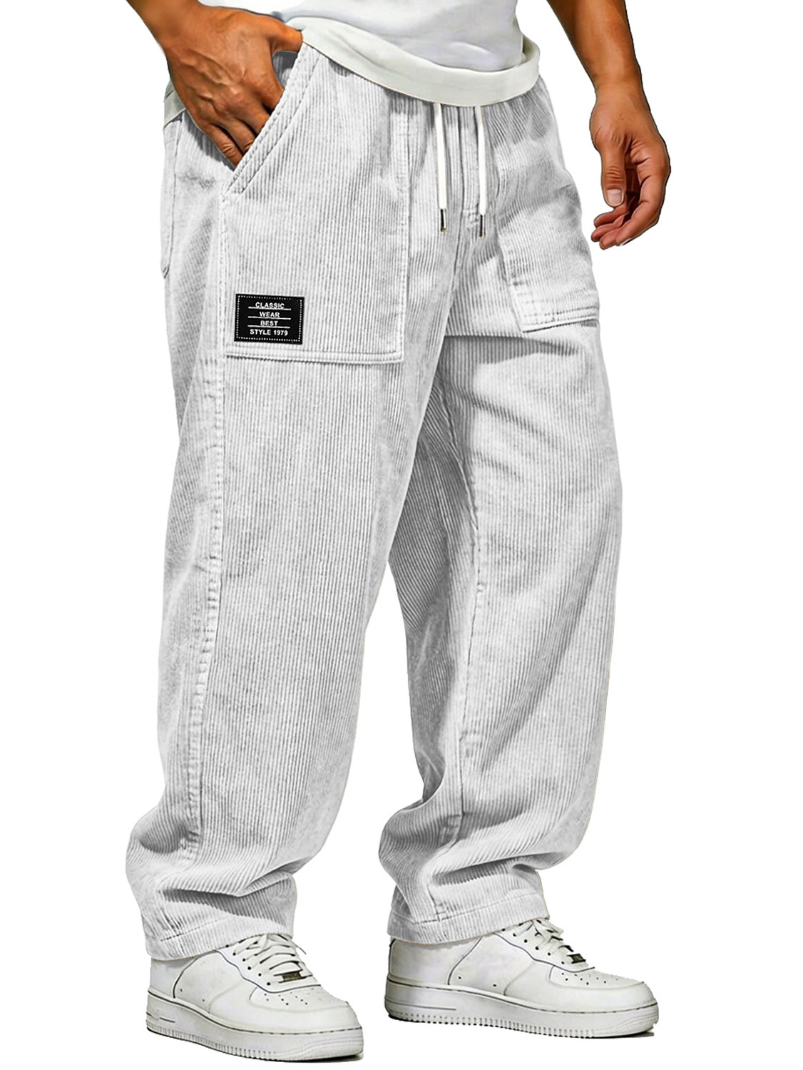 Men's Vintage Corduroy Trousers With Patch Pockets And Embroidered Logo