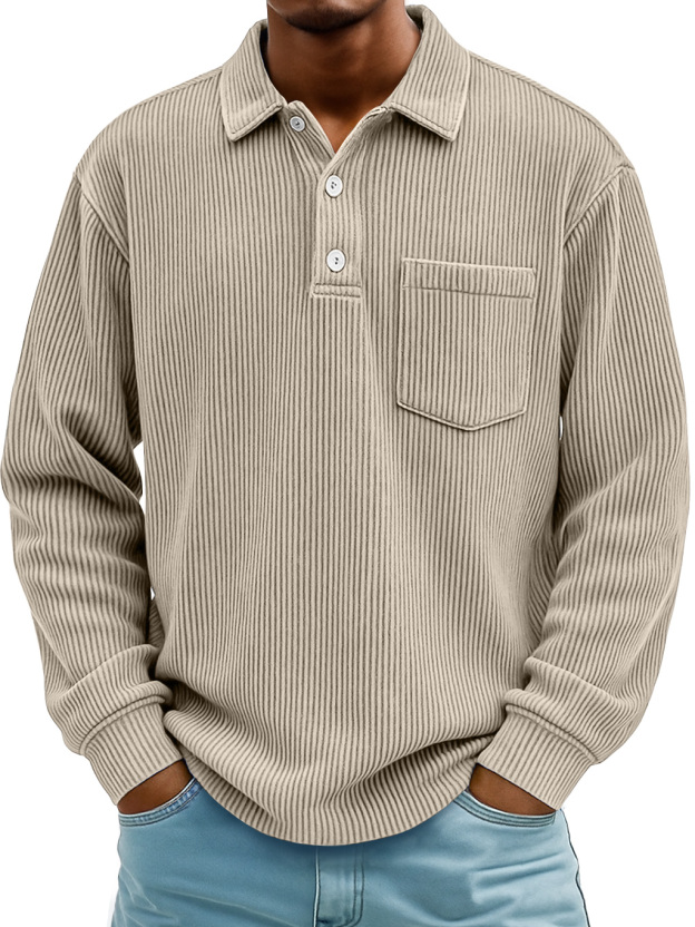 Men's Daily Ribbed Lapel Button-down Casual Pocket Long-sleeved Polo Shirt