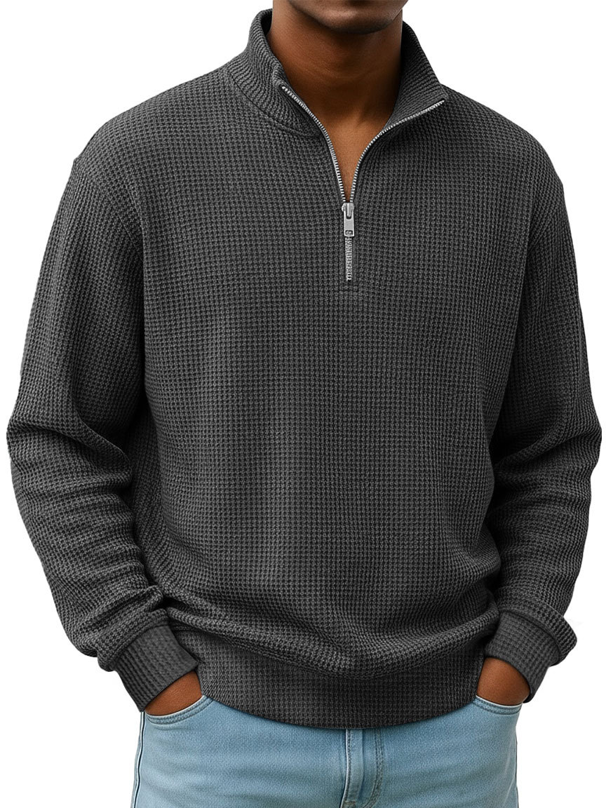 Simple Everyday Waffle Stand-up Collar Zipper Casual Long-sleeved T-shirt