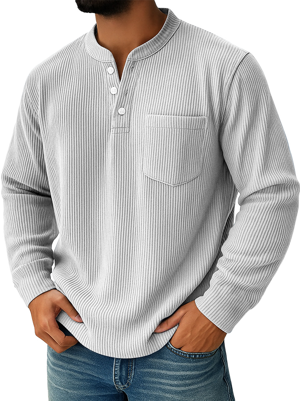 Men's Simple Everyday Ribbed Stand Collar Pocket Casual Long Sleeve Henley Shirt