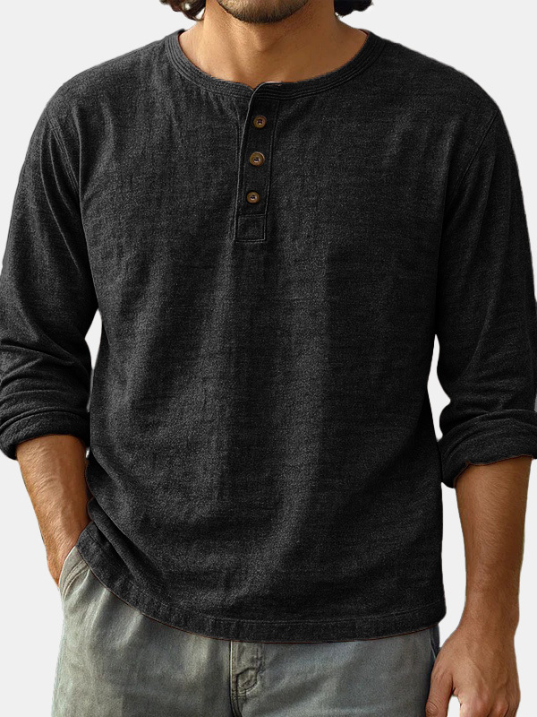  Men's Fashion Casual Limna Fabric Long-sleeved Henley Shirt